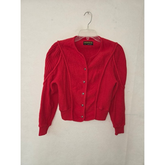 geiger Sweaters - Geiger Boiled Wool Cardigan Women 40 Red Vintage‎ Puff Shoulder Austria READ